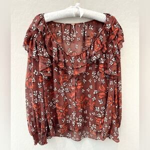 FREE PEOPLE | Brown Bohemian Floral Ruffle Sheer Long Sleeve Blouse | Medium